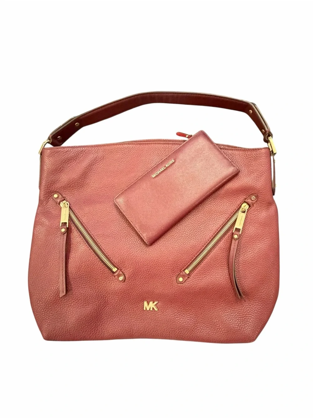 Michael Kors Evie Large Pebbled Leather Double Zipper Hobo Shoulder Bag + WALLET